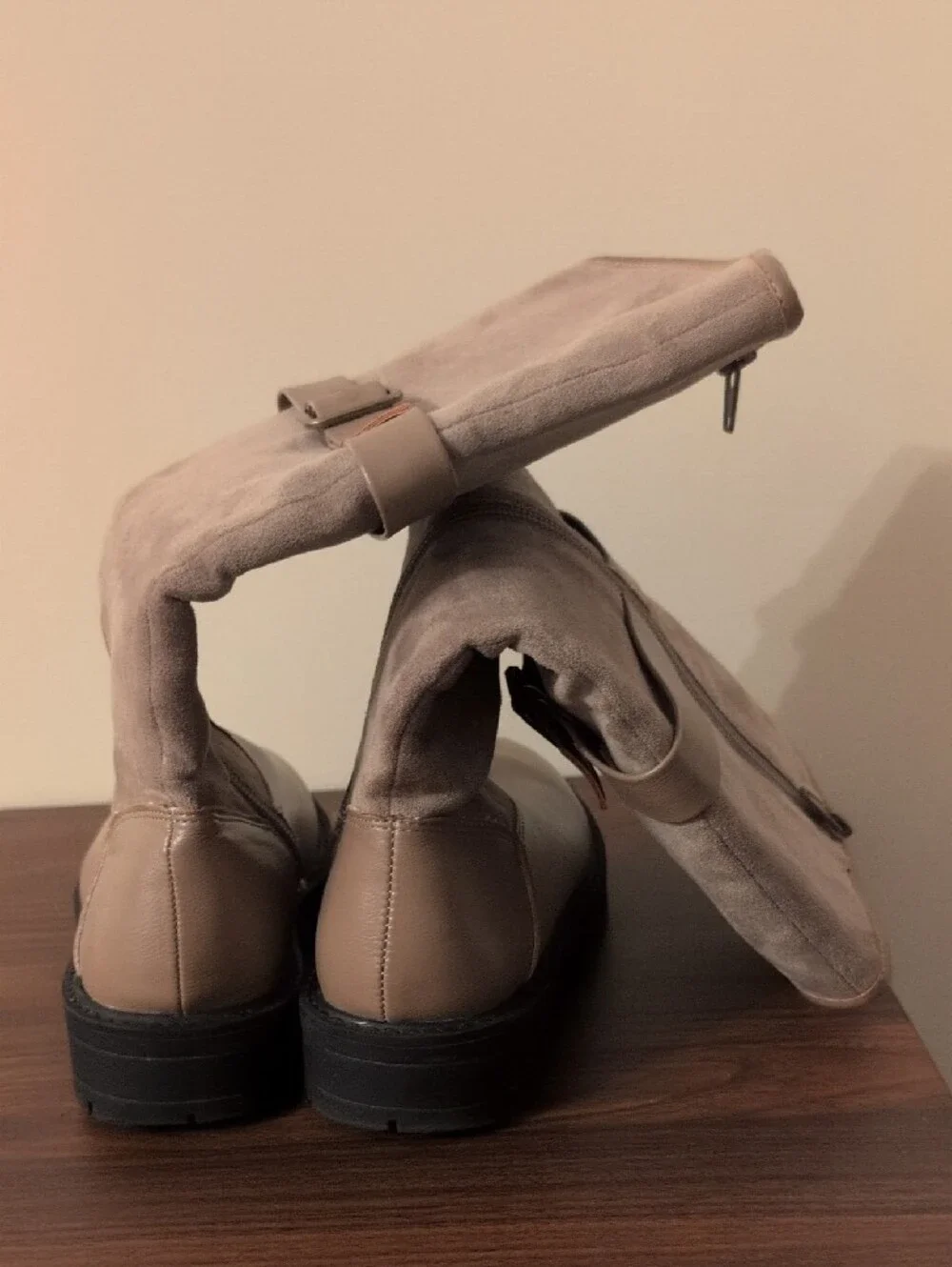 Kids Taupe Knee-High Suede & Leather Buckle Boots - Size 1
